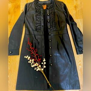 Sleek Black Tory Burch Leather Jacket with Gold Buttons